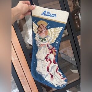 Sferra needlepoint stocking christmas angel personalized allison navy wool bow